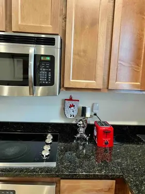 a kitchen counter with a stove and a microwave at AMAZING vacation house .Mins to Disney Regal oasks in Orlando