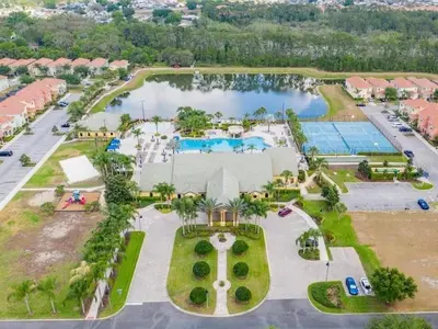 an aerial view of a resort with a pool at Bismarck Palms home in Kissimmee