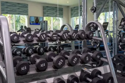 a bunch of dumbbells in a gym at Marvelous 4Bd w Pool Close to Disney at Storey Lake 2629 in Kissimmee