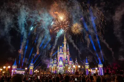 a crowd of people standing in front of the disney castle with fireworks at Private Oasis in Kissimmee - Pool, BBQ, Free Parking in Orlando