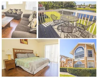 a collage of pictures of a bedroom and a balcony at Sweetwater Club 3 Bedroom Condo Resort Pool 9 Miles to Disney in Kissimmee
