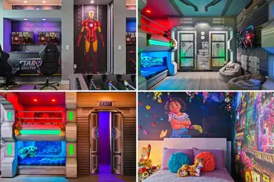 a collage of four pictures of a room with a bedroom at Star Wars Disney Themed 10BR Villa Pool/Spa/Game in Kissimmee