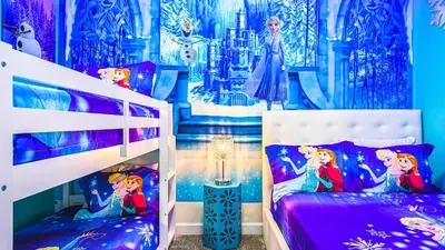 a bedroom with two bunk beds and a disney princess mural at Storey Lake 5br Family Townhome w Pool Near Disney in Kissimmee
