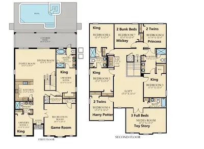 a floor plan of a house at Storey Lake 9BR Lakeview Home Pool/SPA/Game Disney in Kissimmee
