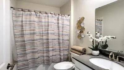 a bathroom with a toilet and a shower curtain at Cozy Home Storey Lake Resort Pool Spa Near Disney in Kissimmee