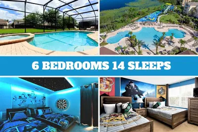 a collage of four pictures of a water park at Cozy 6br Home w/ Private Pool Spa in Windsor Hills in Orlando