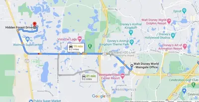 a map showing the location of a parking lot at 3 bedrooms pool home Hidden Forest Resort Amenities in Orlando