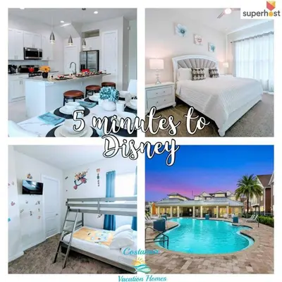 a collage of pictures of a bedroom and a kitchen at Brand New 3 Suites 5 min to Disney in Orlando