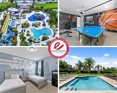 a collage of photos of a water park with a pool at Family Friendly Home With Private Pool, Game Room, Waterpark & Resort Access Near Disney At Encore Resort - 7638Wi in Kissimmee