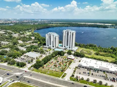 an aerial view of a city with a river and buildings at Aparment 2nd floor 5 minutes from Disney in Orlando