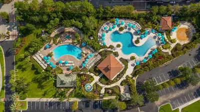 an overhead view of a pool at a resort at Orlando Resort: 3BD and electric fireplace in Orlando