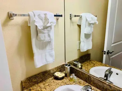 a bathroom with a sink and a mirror and towels at Universal and Convention Center Best Resort Studio in Orlando