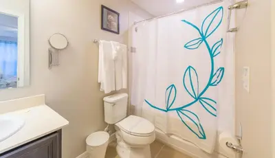 a bathroom with a toilet and a shower curtain at Townhome at Compass Bay Community in Kissimmee