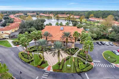 an aerial view of a resort with a parking lot at Private Pool Townhome at Encantada Resort in Kissimmee