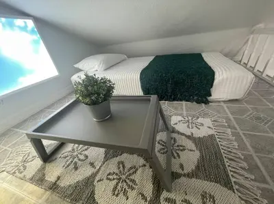 a bedroom with a bed and a table with a plant at The Tiny Cottage in the Springs/ Central FL in Altamonte Springs