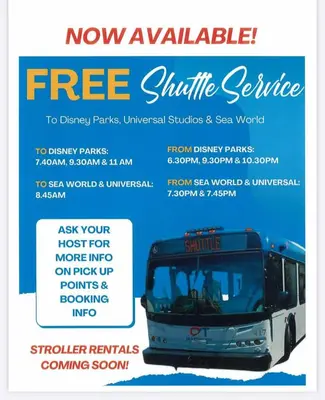 a flyer for a free shuttle with a bus at Resort Family condo near Disney Pool view Free parks shuttle in Orlando