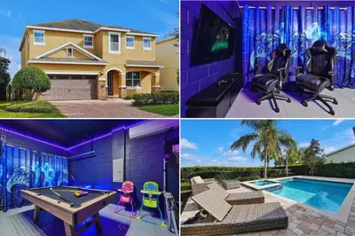 a collage of pictures of a house with a pool at Reunion Encore Resort Villa W/ Pool Spa Gameroom in Orlando