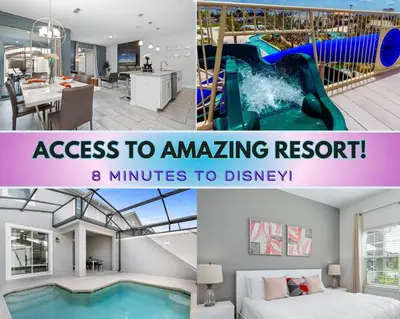 a collage of photos of a house with a water slide at Really close to Disney! Sleeps 10 - STL116 in Kissimmee