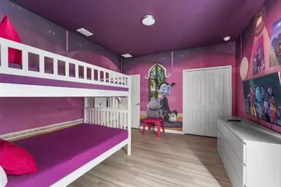 a purple bedroom with a bunk bed and a purple ceiling at Last Minute Disney Private Pool Hot Tub Game Room Themed Bedrooms. Book Now 43123 in Kissimmee