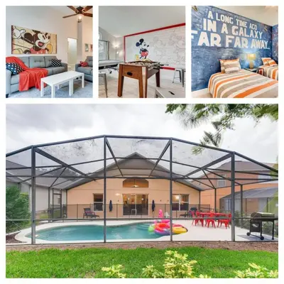 a collage of pictures of a house with a pool at H8438S Emerald Island Resort One Level POOL Pet OK in Kissimmee