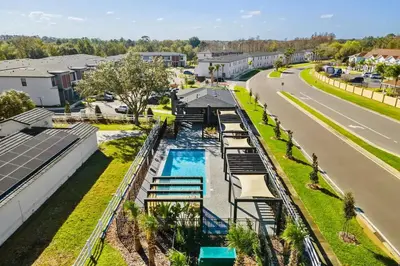 an overhead view of a pool at a resort at 3MI from Disney- Modern 3BD 3BA + Grill in Kissimmee