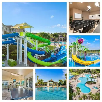 a collage of pictures of a water park at Windsor Hills Themed Home Pool Spa 2.5mi Disney in Orlando