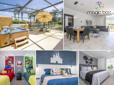 a collage of pictures of a bedroom and a living room at Perfect Themed 3 BD Hot tub renovated - 3013 in Kissimmee