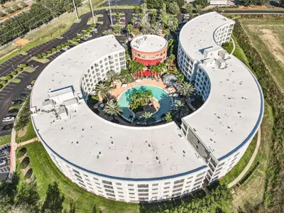 an overhead view of a resort with a swimming pool at 1Bed/1Bath Pet Friendly Condo at the Melia in Orlando