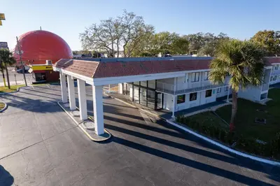 an overhead view of a building with a red dome at Impeccably cozy hotel room Developer Inn Express in Kissimmee