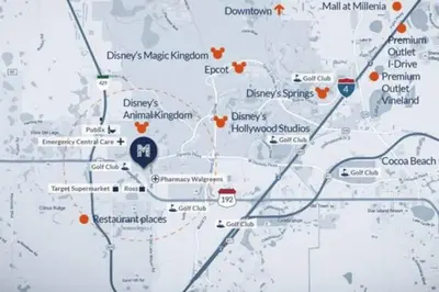 a map of the city of dallas with a marker at wish home disney (45437492) in Orlando