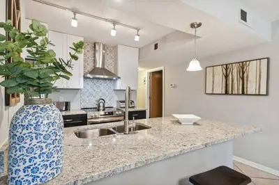 a kitchen with a sink and a vase with a plant at SPECTACULAR, NEW Professional Decor, Near Dis, NO Steps, Pool, Patio, LOW Rates! in Kissimmee