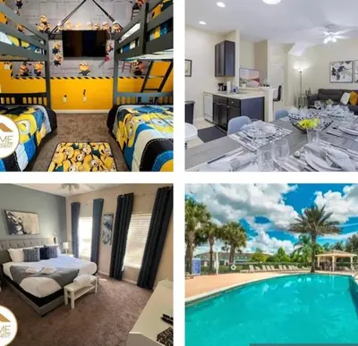 a collage of pictures of a hotel room with a pool at Cozy 4bdhome By Lake Prime Location Disney in Kissimmee