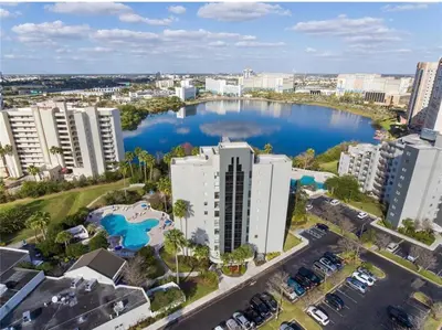 an aerial view of a city with a large body of water at Cozy Getaway in Orlando
