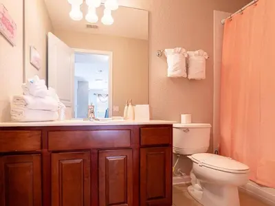 a bathroom with a sink and a toilet and a mirror at Luxury Disney Villa 5BR With Private Pool and Spa (4 Miles from Disney) in Orlando