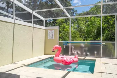 a pink inflatable pink flamingo in a swimming pool at Charming 3Bd w Pool Close to Disney at Serenity 1639 in Orlando