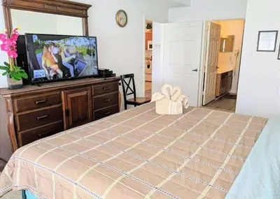 a bedroom with a bed and a flat screen tv at 4 Bedroom 3 Bathroom Villas At Seven Dwarfs 17-107 in Kissimmee