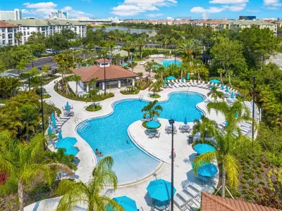 an aerial view of the pool at the resort at Vista Cay at Epic Universe - Luxury 4 bedroom Condo in Orlando