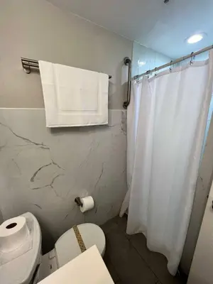 a bathroom with a white shower curtain and a toilet at Renovated and cozy apartment near universal in Orlando