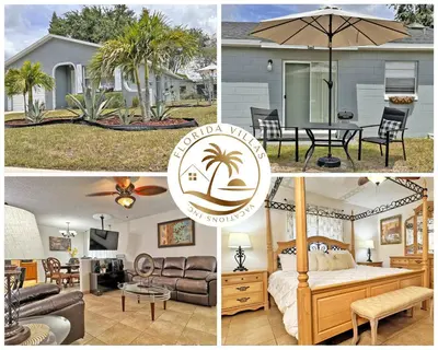 a collage of pictures of a house with a bedroom and an umbrella at Vacation Family Home - Close to Disney in Kissimmee