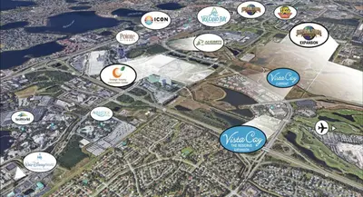 a map of a city with stickers on it at Epic Universe New Deluxe Condo, Vista Cay - 3022 in Orlando