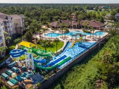 an aerial view of a water park with slides at POOL VIEW 3 Bedroom Condo at Windsor Hills 'The Lido Deck' in Orlando