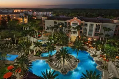 an aerial view of a resort at night at Marriott Grande Vista Luxury Studio in Orlando