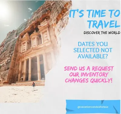 a poster of a building with the words its time to travel discover the world does at Studio Apt in Orlando resort onsite pools, golf, arcades, cabanas etc. in Orlando