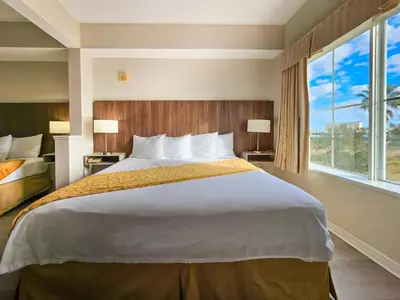 a bedroom with a large bed and a large window at Double King Bed Suite, 5 Min from Universal, I-Drive & Outlets in Orlando