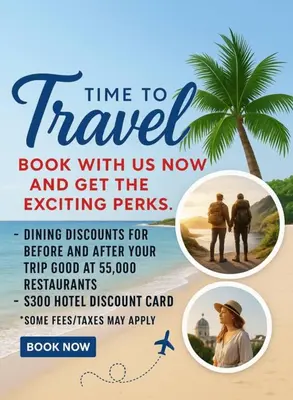 a flyer for a travel book with us now and get the exciting perks at Beautiful Hotel of Cypress Palms 2BD in Kissimmee