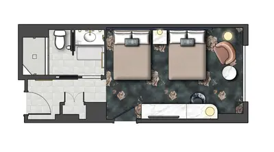 a floor plan of a hotel room with a bed at Universal's Helios Grand Hotel, a Loews Hotel in Orlando