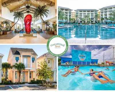 a collage of photos of a pool at a hotel at Paradise Cottage Near Disney With Margaritaville Resort & Island H2O Access - 8052Dr in Orlando