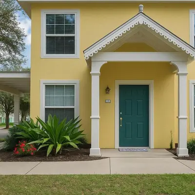 a yellow house with a green door at Casa p/ 4 · Perto da Disney · Cozinha completa in Kissimmee
