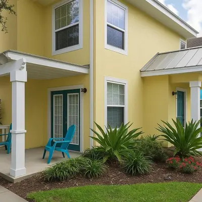 a yellow house with a blue chair on a porch at Casa p/ 4 · Perto da Disney · Cozinha completa in Kissimmee