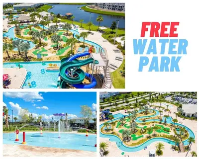 a collage of photos of a water park at Modern Storey Lake Resort Disney Orlando 3191-307 in Kissimmee